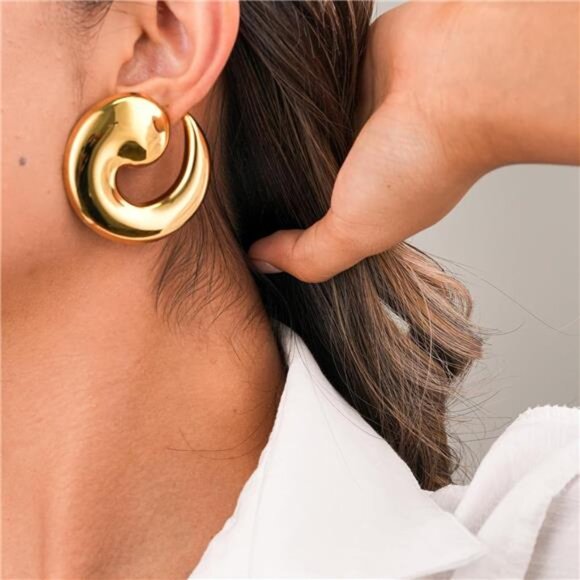 14K Gold Plated Statement Earrings | Chunky Big Hoop & Drop Styles - Picture 6 of 6